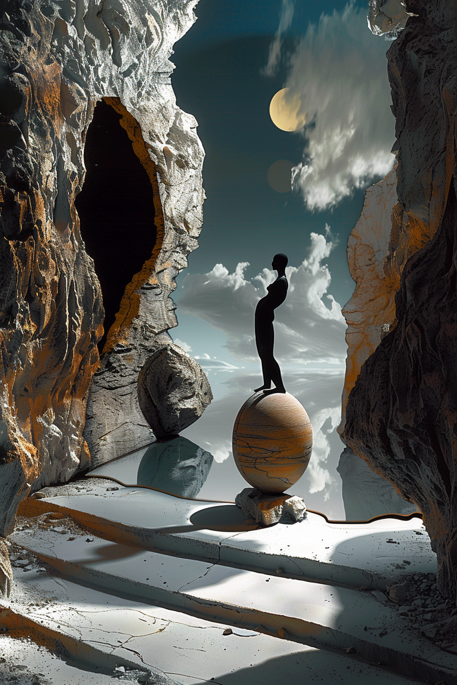 silhouettenfigur auf kugel zwischen felsen im mondlicht
