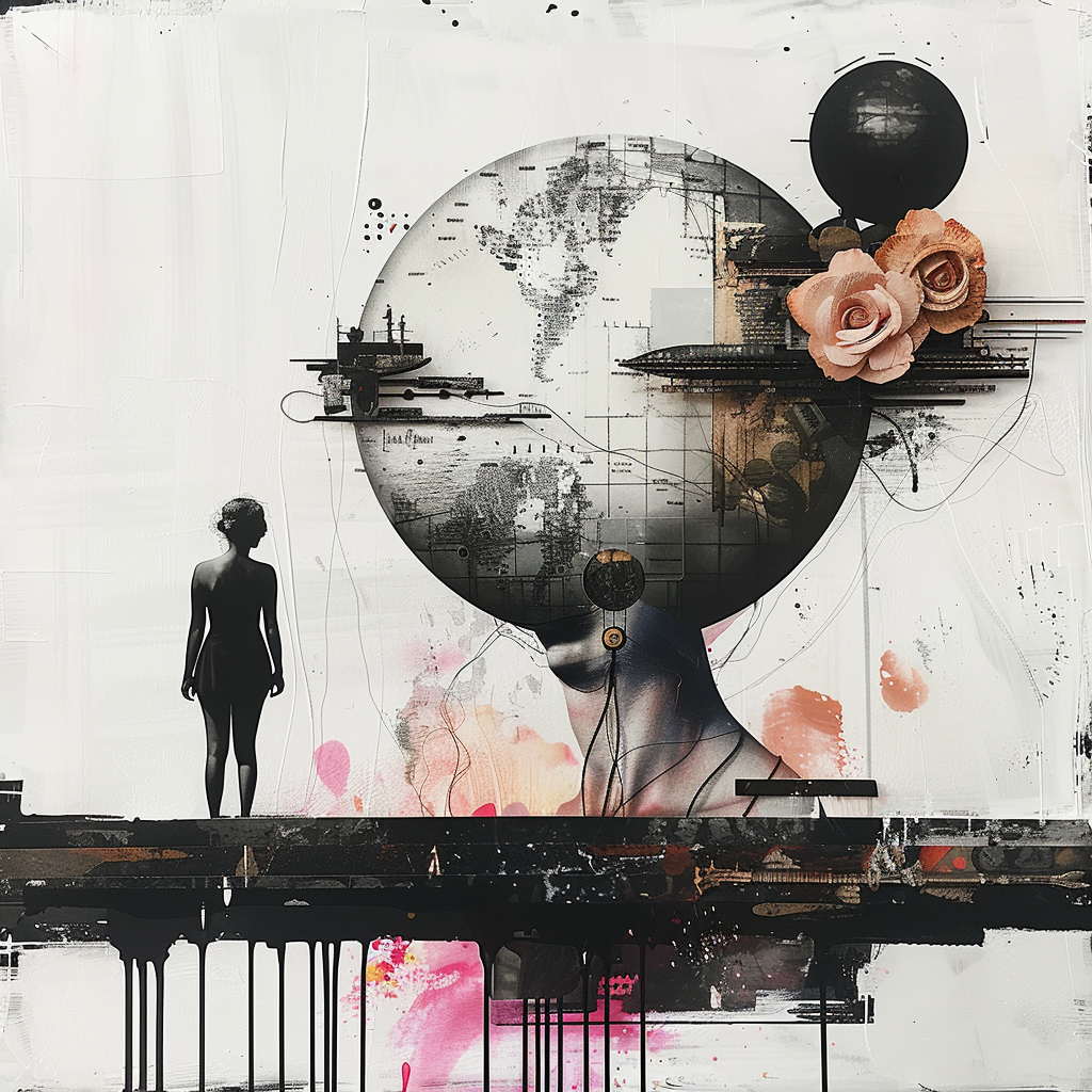 Surreale Komposition aus Mensch, Karte und Maschine – eine Silhouette steht vor einer Welt aus Linien, Kartenfragmenten und Blüten. Zwischen Technik, Erinnerung und Poesie entsteht ein meditativer Dialog über Identität und Welt.
