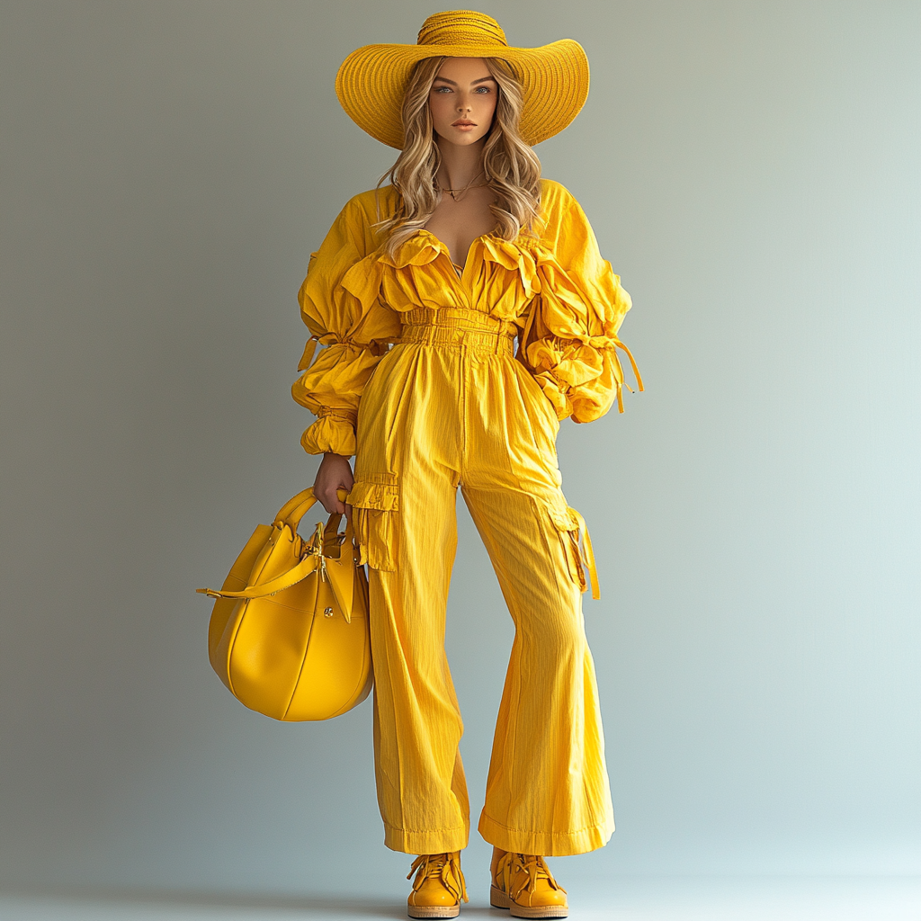 frau in gelbem outfit mit hut und tasche vor neutralem hintergrund
