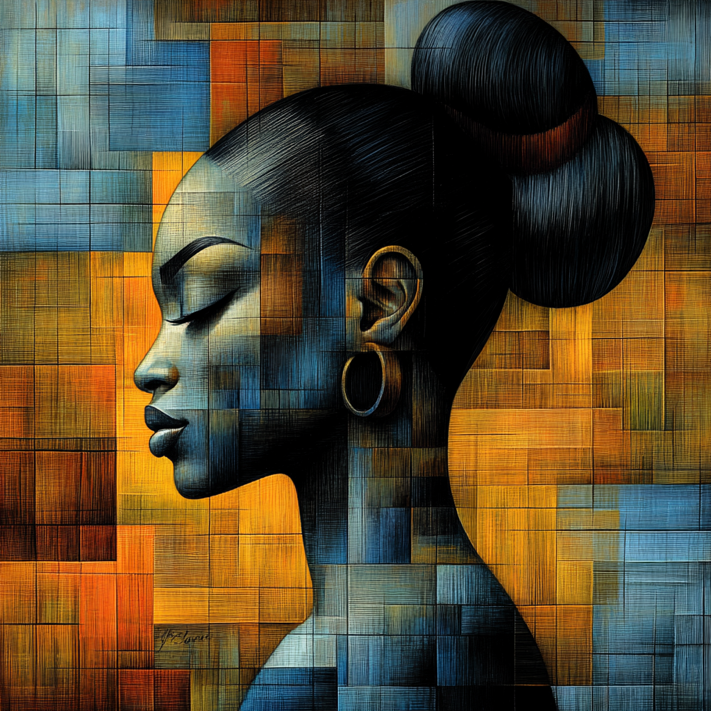 geometrisches profilportraet einer frau in blau-goldenen farben mit ruhigem ausdruck
