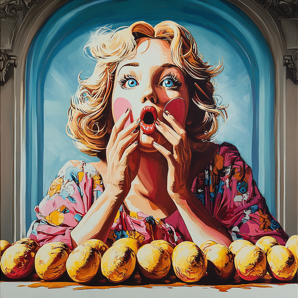 Pop-Art-Porträt einer erstaunten Frau mit blonden Haaren und goldenen Zitronen.
