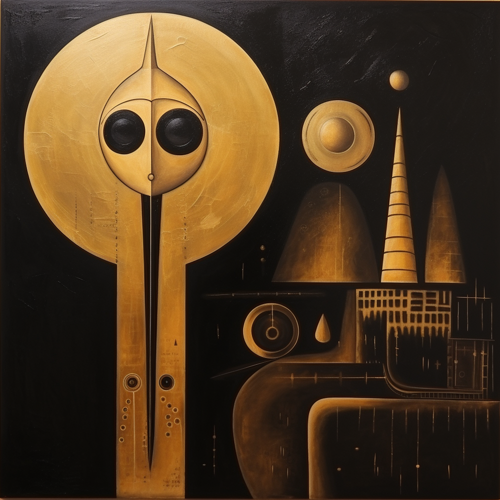 Abstraktes Gemälde in Gold und Schwarz mit geometrischen Formen, großen Kreisen und futuristischer, symbolischer Architektur.
