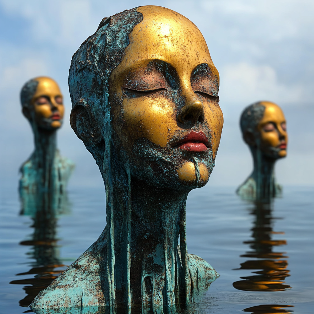 Goldene Frauenbüsten steigen aus ruhigem Wasser, symbolisch für Wiedergeburt und Vergänglichkeit
