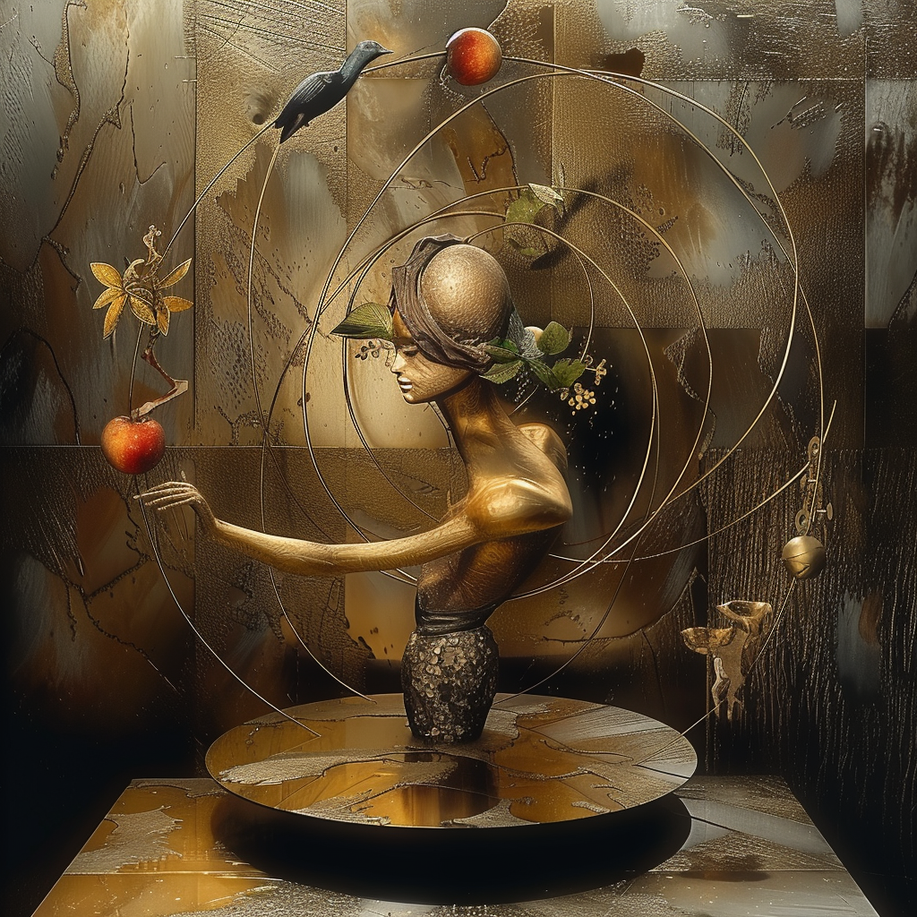 Surrealistische Skulptur einer goldenen Frau mit Äpfeln und Krähe in metallischer Umgebung. Symbol für Gleichgewicht und Versuchung.
