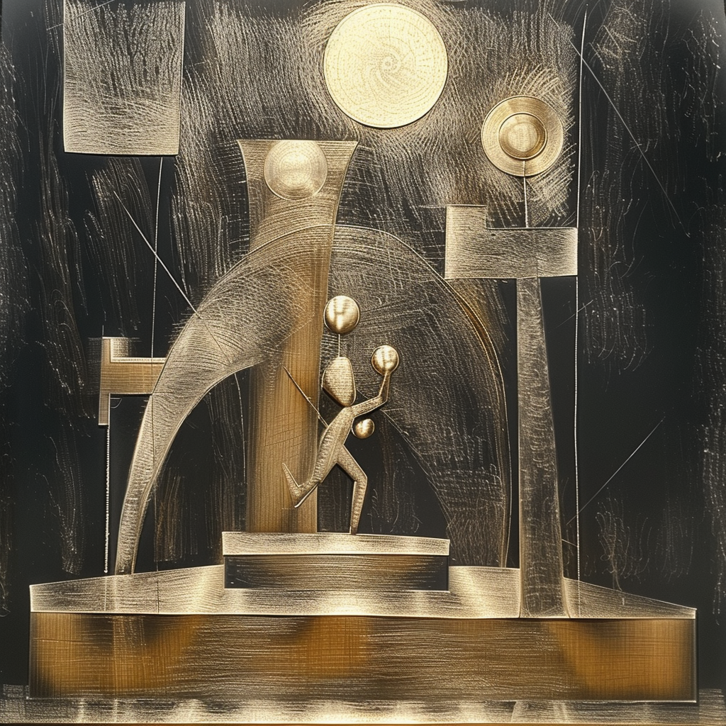 Abstrakte goldene Figur in Bewegung vor geometrischen Formen auf dunklem Hintergrund. Metallisch schimmerndes Relief.
