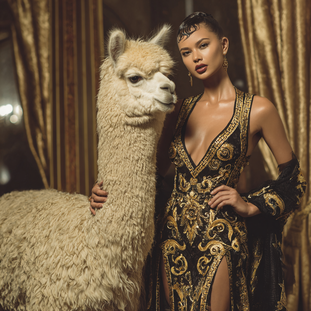 Elegante Frau in einem gold-schwarzen Couture-Kleid posiert neben einem weißen Alpaka in einem luxuriösen, warm beleuchteten Raum.
