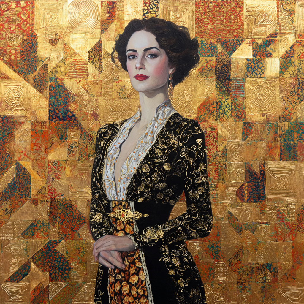 Porträt einer eleganten Frau in goldverzierter Kleidung vor einem reich ornamentierten Hintergrund aus goldenen geometrischen Mustern.
