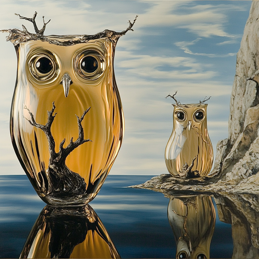 Zwei goldene Eulenfiguren mit Baumstrukturen im Inneren spiegeln sich im Wasser – surrealistisches Kunstwerk mit Natur- und Fantasieelementen.
