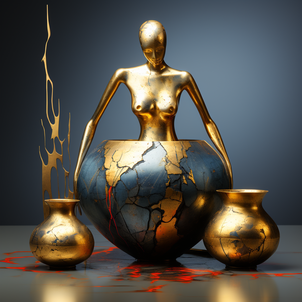 Goldene Figur in einer aufgebrochenen Vase mit metallischem Glanz
