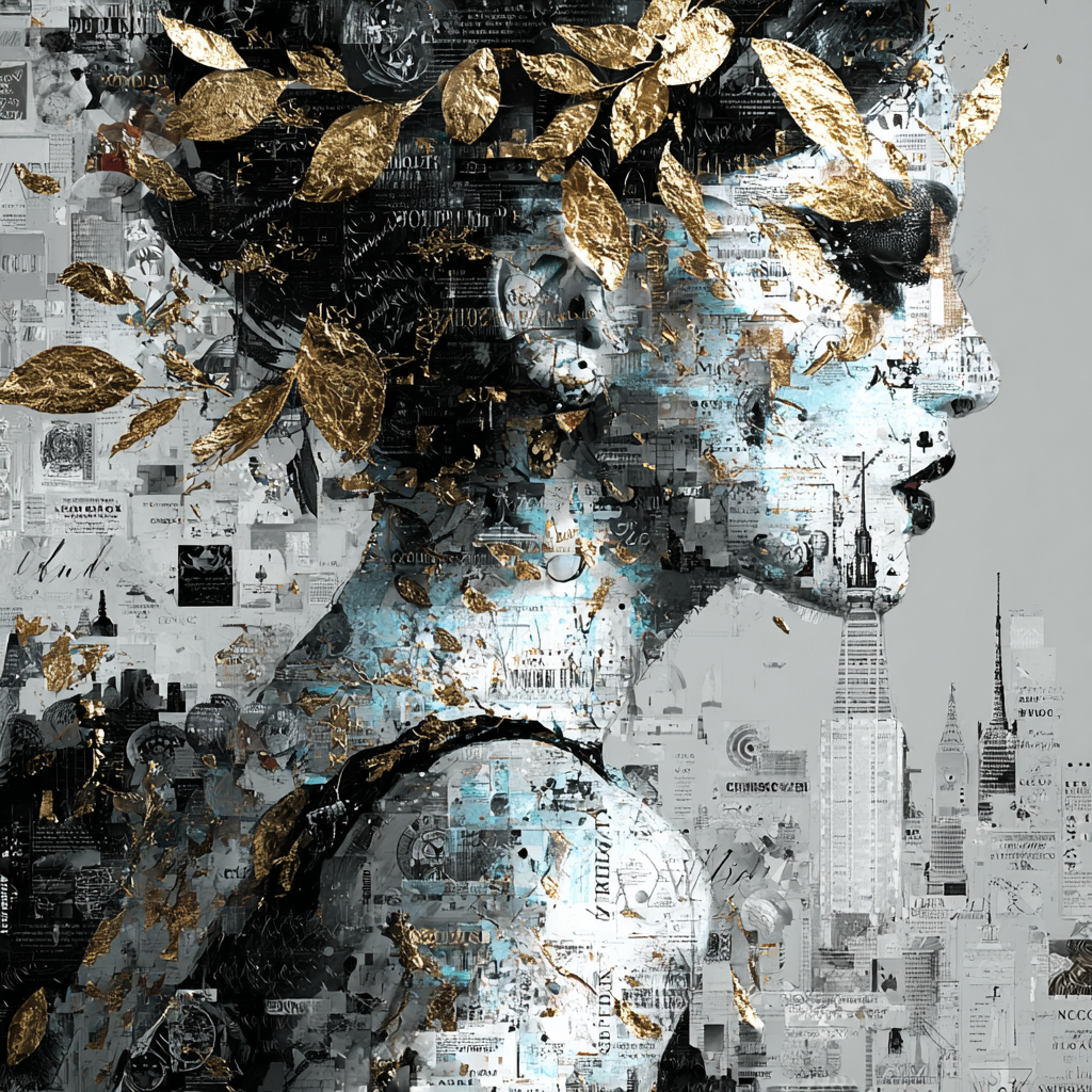 collage einer frau mit goldblättern vor stadtsilhouette
