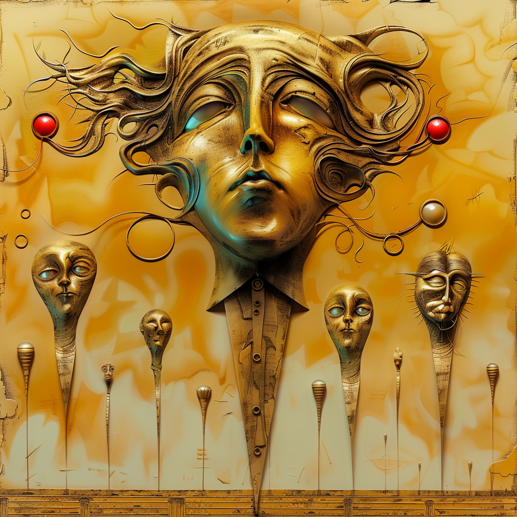 Surreales Porträt mit goldenen Gesichtern und organischen Linien auf warmem Hintergrund. Symbol für Träume und Bewusstsein.
