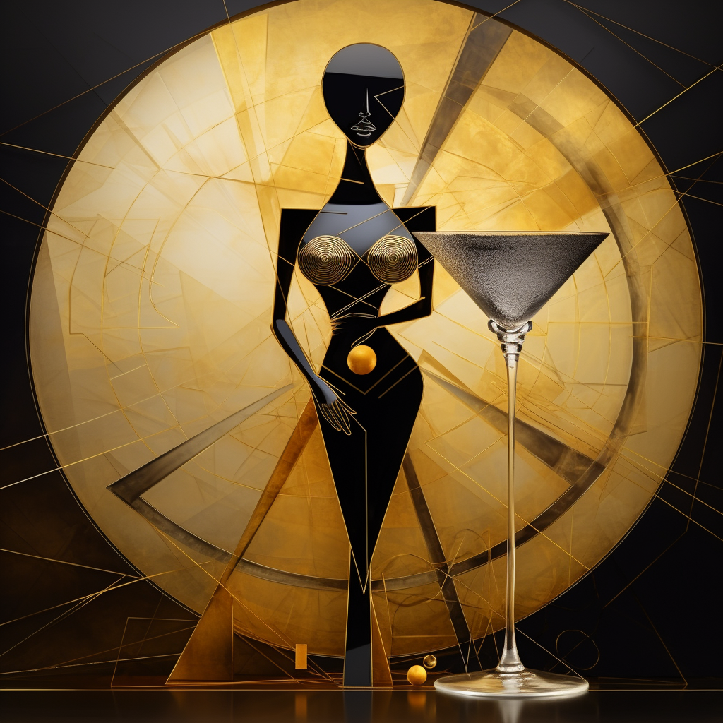 Schwarze geometrische Frauenfigur vor goldenem Kreis und großem Cocktailglas in futuristischem Art-Deco-Stil.
