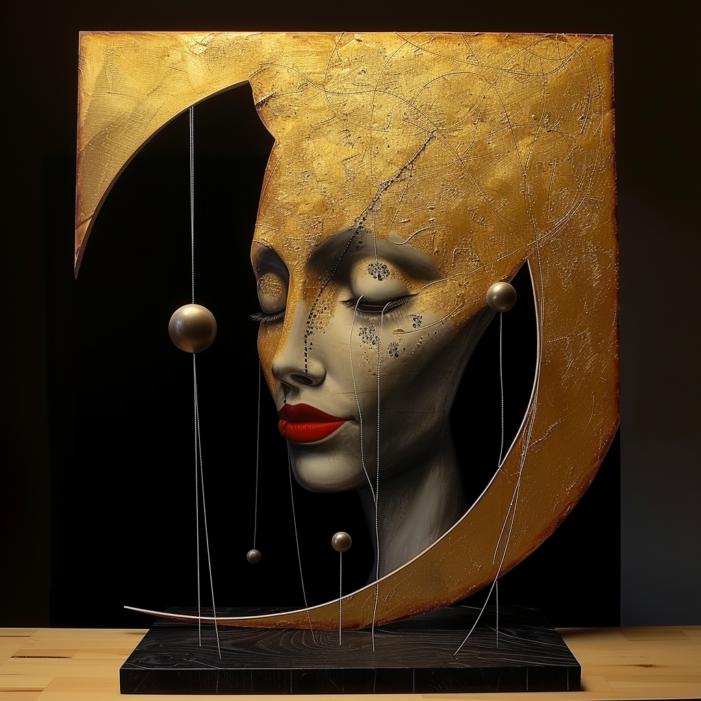 Goldene Skulptur eines stilisierten Gesichts mit geschlossenen Augen, roten Lippen und schwebenden Kugeln – digitale Kunst mit mystischer Symbolik.
