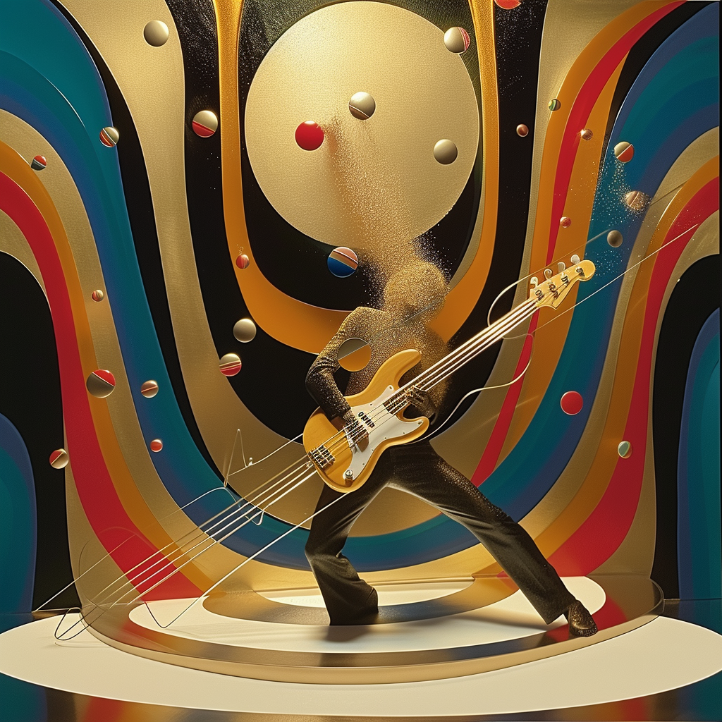 Abstrakte Darstellung eines Musikers mit Gitarre in goldener, farbenfroher Umgebung. Ausdruck von Energie und Rhythmus.
