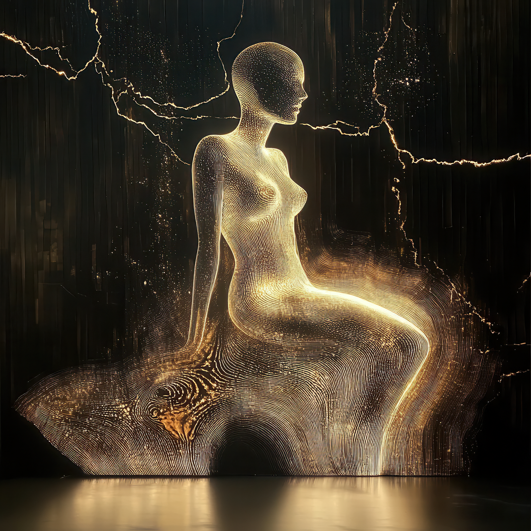 Abstrakte goldene Lichtfigur in femininer Form vor dunklem Hintergrund.
