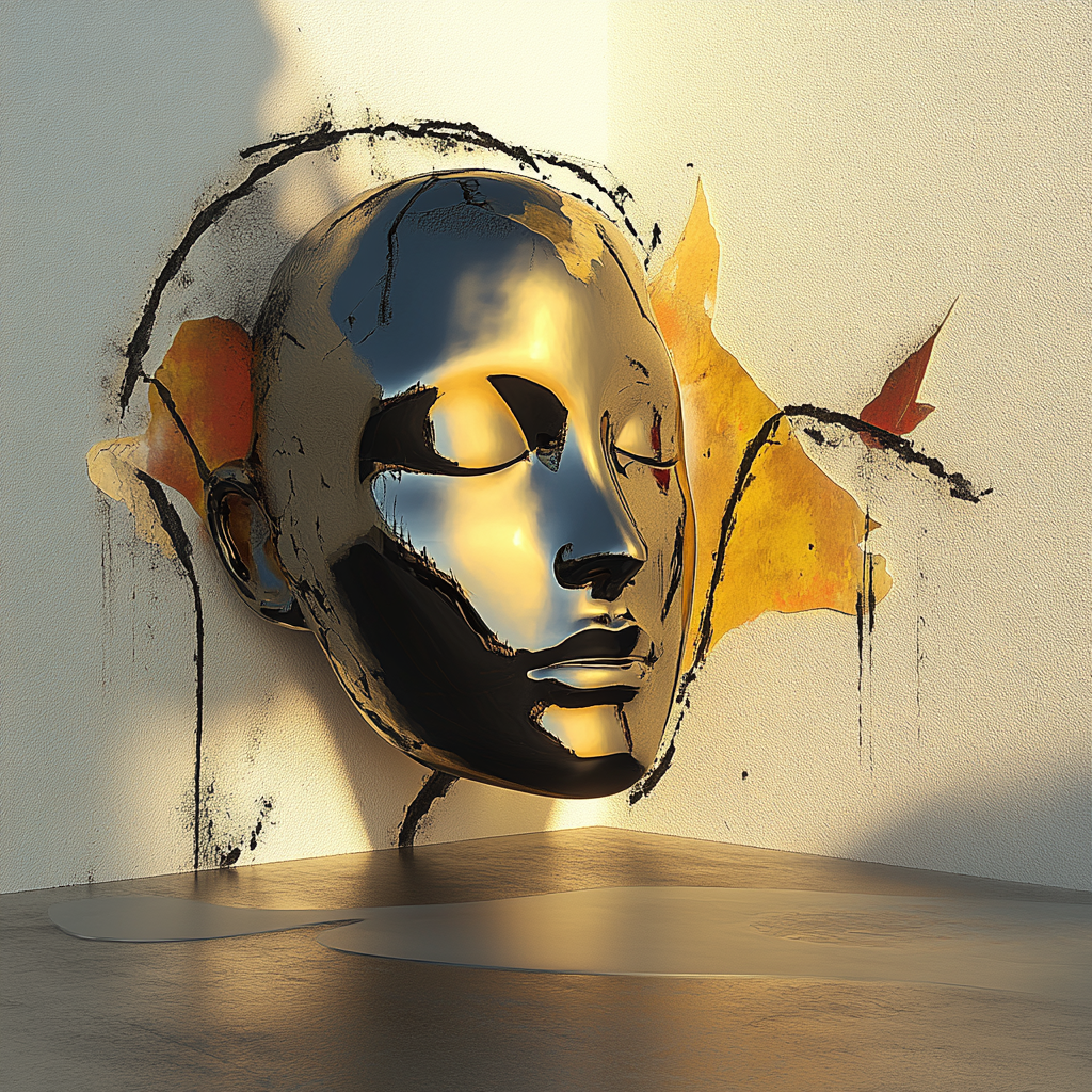 Glänzende goldene Maske an einer Wand mit Lichtreflexionen und abstraktem Hintergrund
