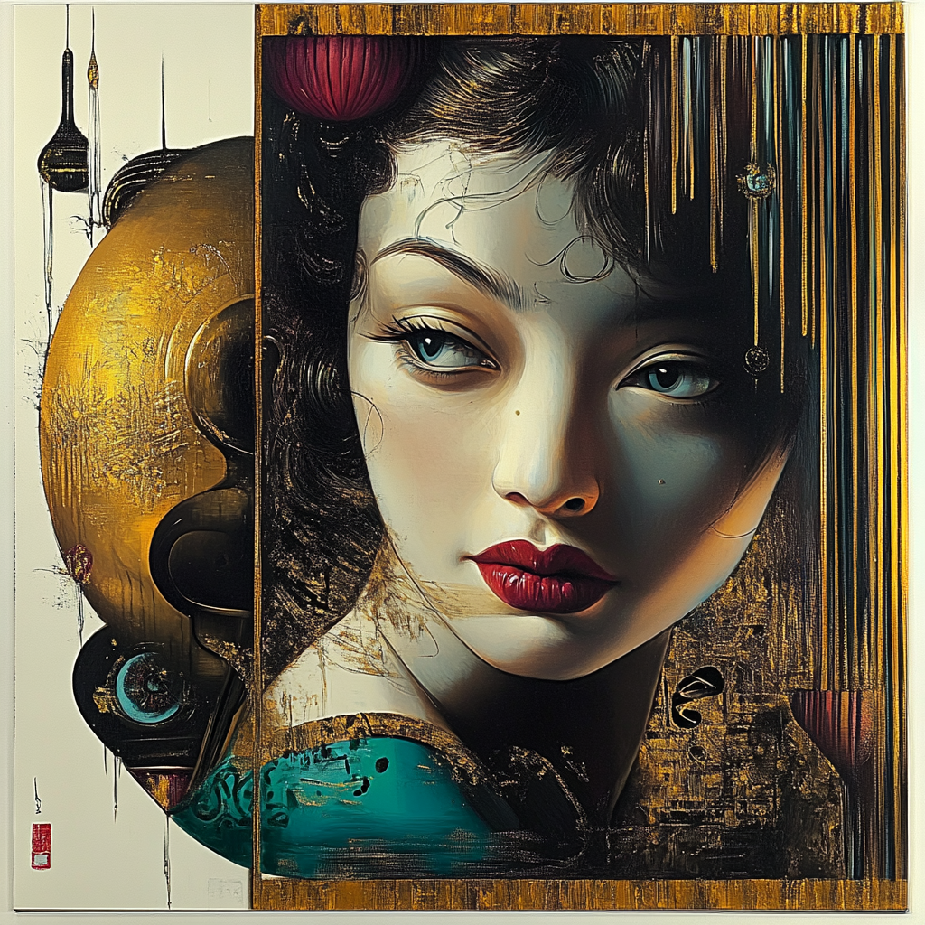 Porträt einer Frau mit intensivem Blick, umgeben von goldenen und dunklen Strukturen – eine surreale Komposition aus Schönheit, Geheimnis und Symbolik.
