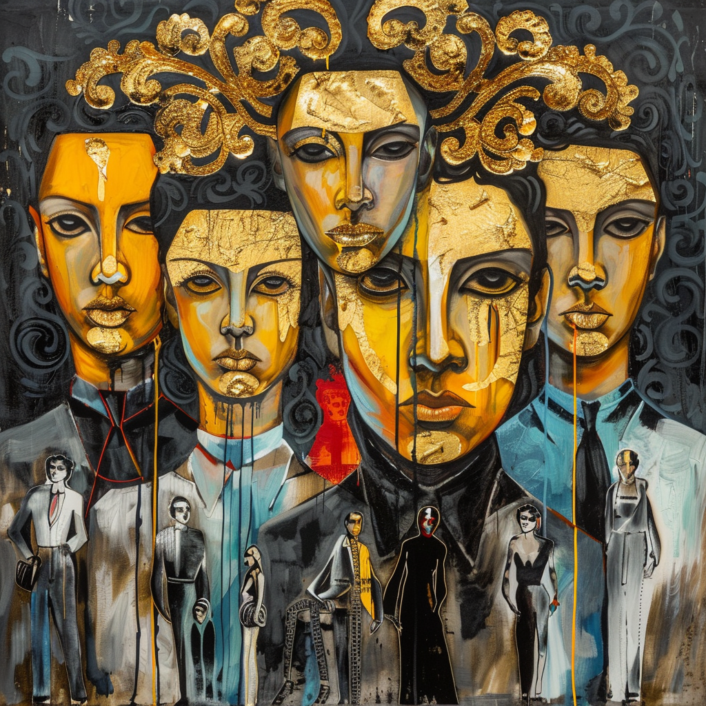 Ausdrucksstarkes Porträt mehrerer Gesichter mit goldenen Masken und Figuren im Hintergrund
