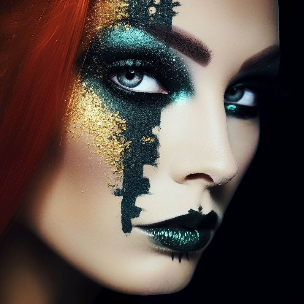 Porträt einer Frau mit intensivem Make-up in Schwarz, Smaragdgrün und Gold – eine ästhetische, geheimnisvolle Inszenierung aus Licht, Farbe und Symbolik.
