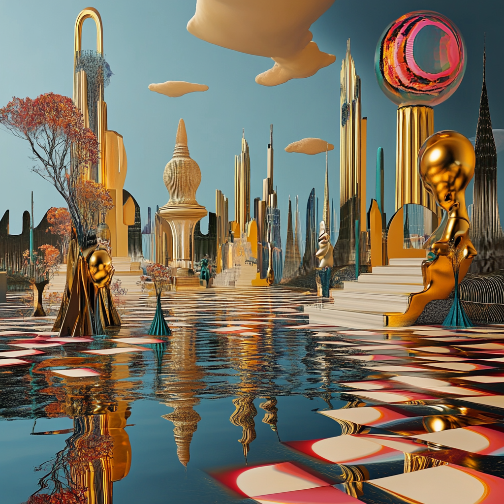 Futuristische Stadt aus Gold und Spiegeln mit surrealen Figuren, schwebenden Wolken und reflektierenden Wasserflächen – Vision einer leuchtenden Metropole.
