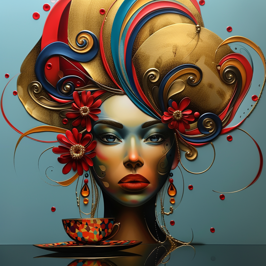 farbenfrohes portraet einer frau mit goldenen und roten elementen und einer tasse im vordergrund
