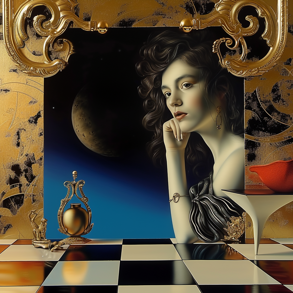 Elegantes Porträt einer Frau vor dunklem Nachthimmel mit Mond, goldenen Ornamenten und Schachbrettboden.
