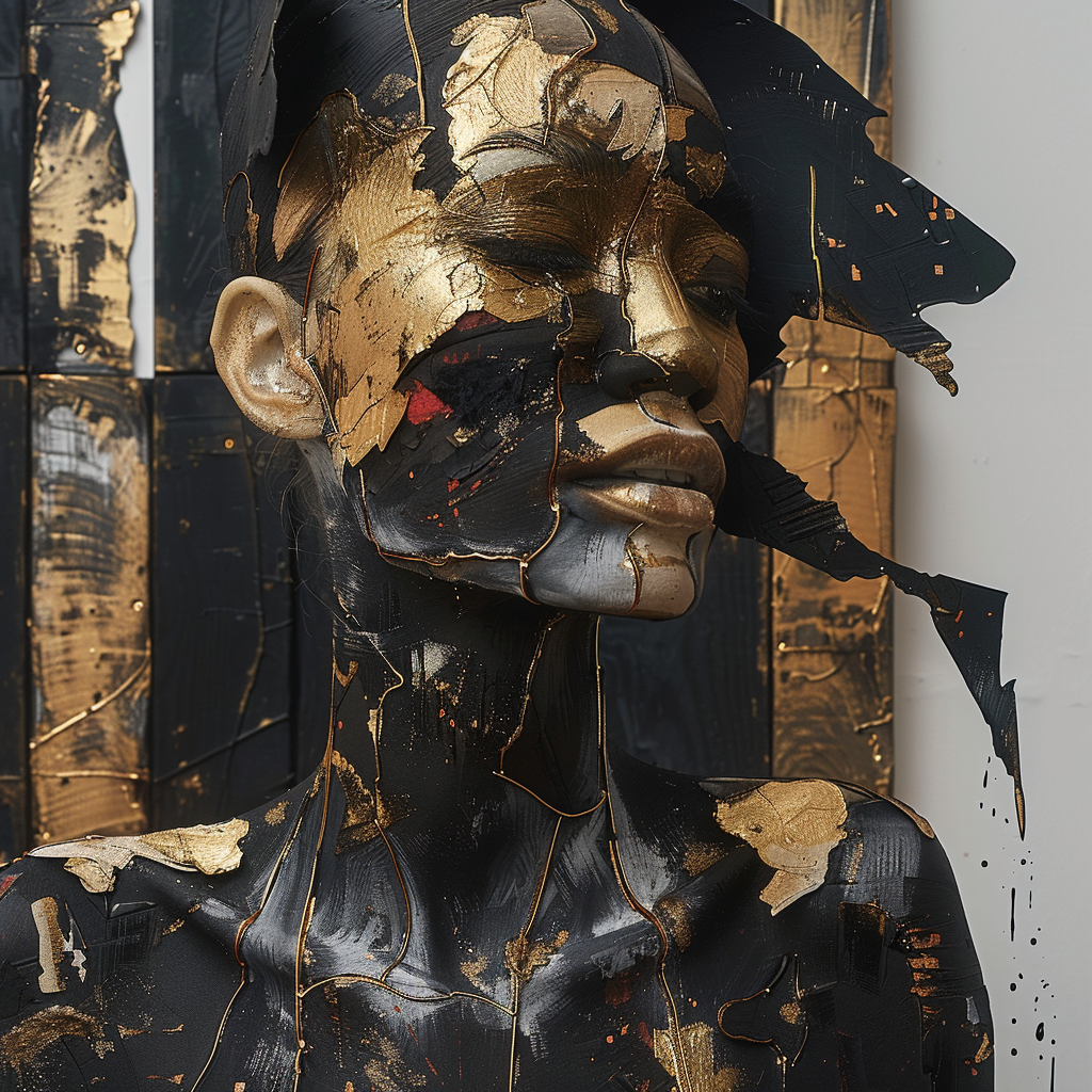 porträtfigur mit goldenen rissen und schwarzer farbe auf haut
