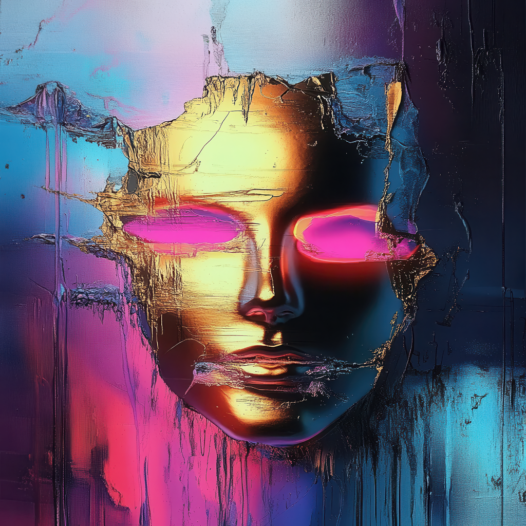 Goldene Maske mit magentafarbenen Lichtaugen vor neonfarbenem Hintergrund.
