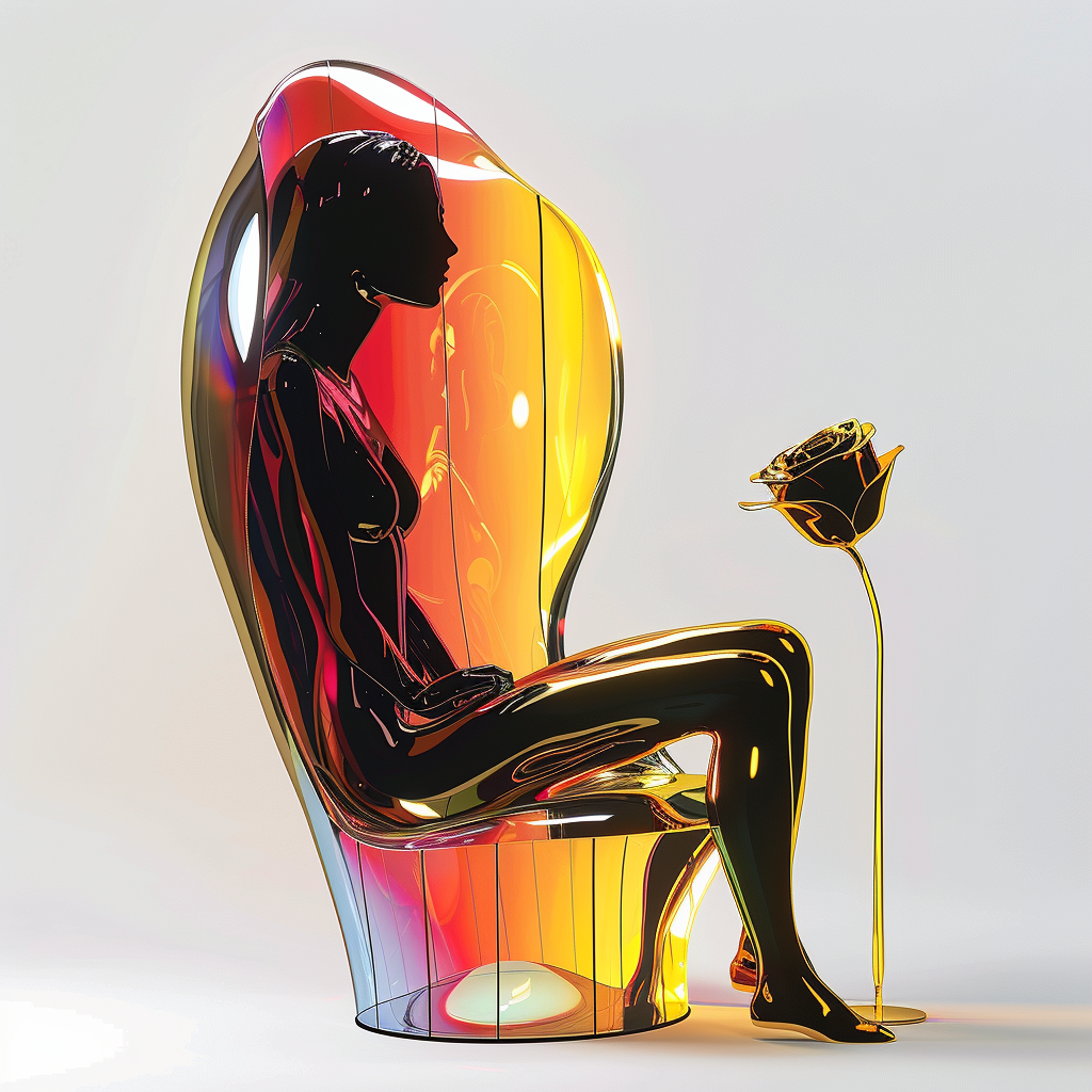 Futuristische Illustration einer schwarzen Silhouette auf einem transluzenten Stuhl in warmen Farbtönen mit einer goldenen Rose daneben – Sinnbild für Eleganz, Technologie und stille Emotion.

