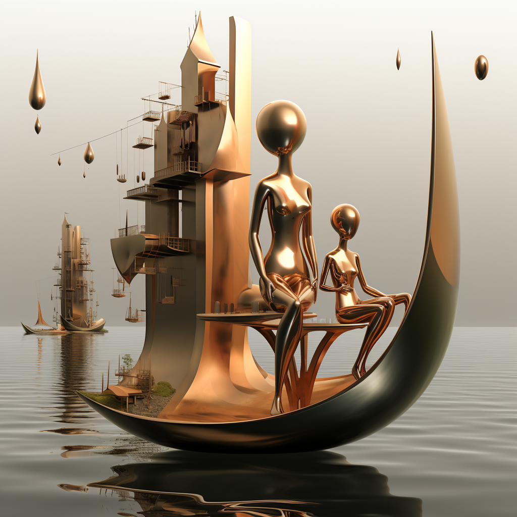 Futuristische goldene Figuren auf einem schwebenden Boot, umgeben von glänzenden architektonischen Strukturen über ruhigem Wasser.
