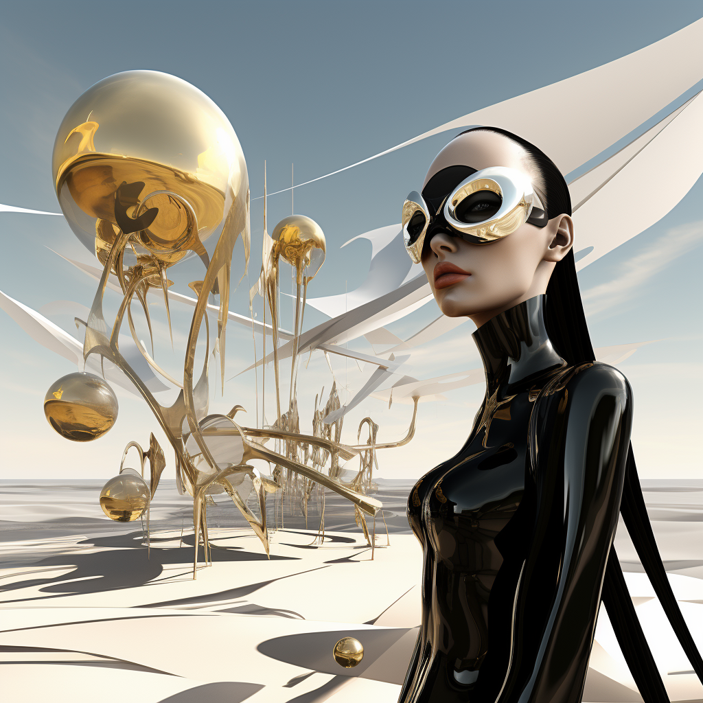 Futuristische Frau in schwarzem Latexanzug und goldener Brille vor surrealer Landschaft aus goldenen, schwebenden Kugeln und organischen Strukturen.
