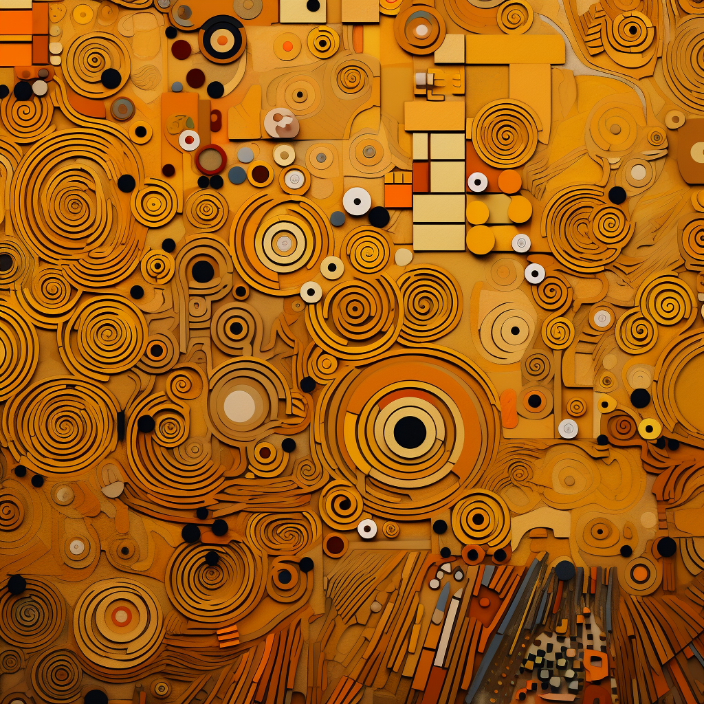 Abstraktes Kunstwerk mit goldenen Spiralen und geometrischen Formen in warmen Tönen, Symbol für Struktur und Harmonie.
