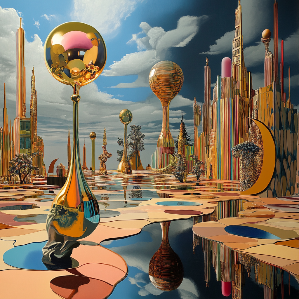 Futuristische goldene Stadt mit spiegelnden Kugeln, fließenden Formen und schwebenden Architekturen – surrealer Traum aus Licht, Metall und Reflexion.
