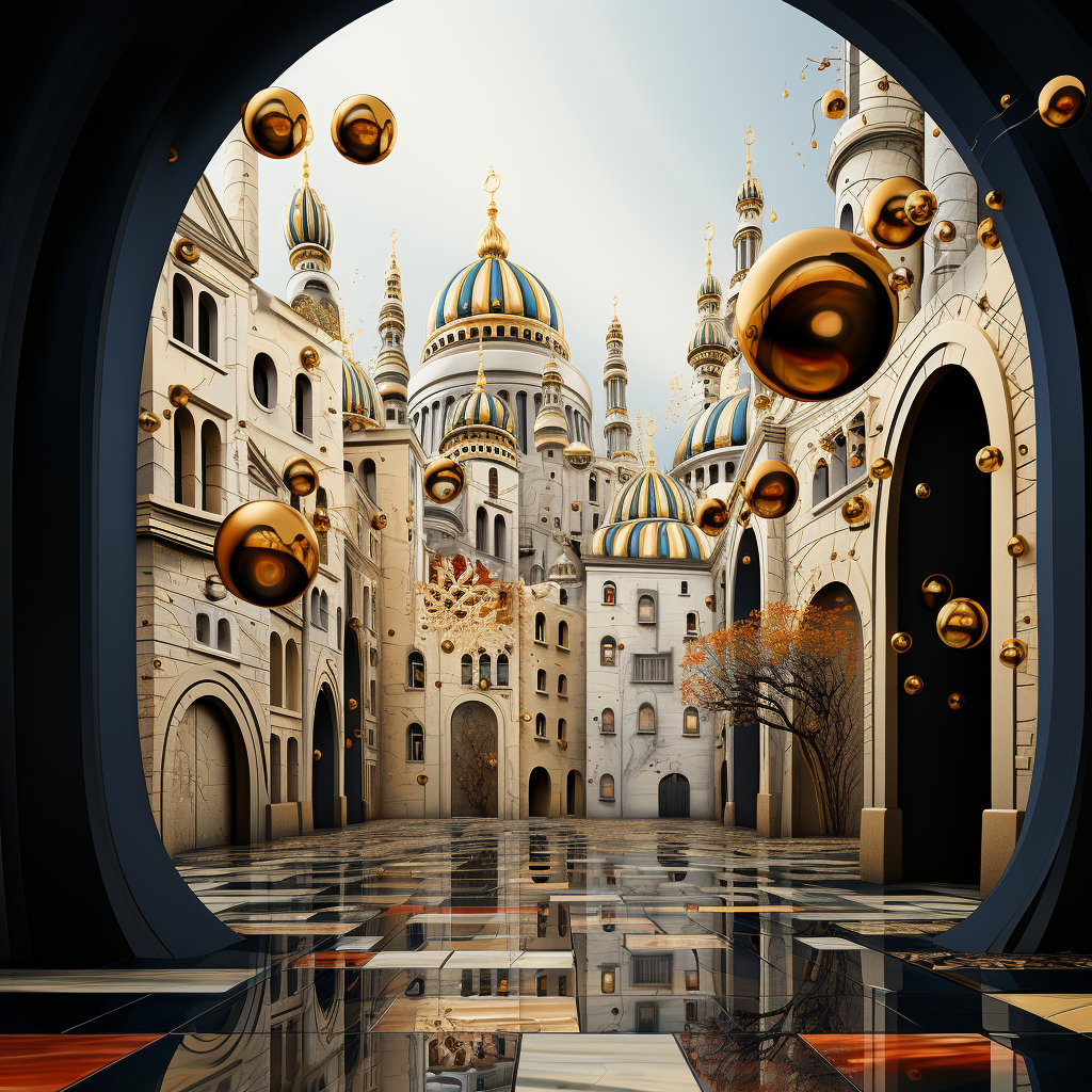 Fantastische Stadt mit goldenen Kuppeln, schwebenden goldenen Kugeln und kunstvoller Architektur in einem Torbogenrahmen.
