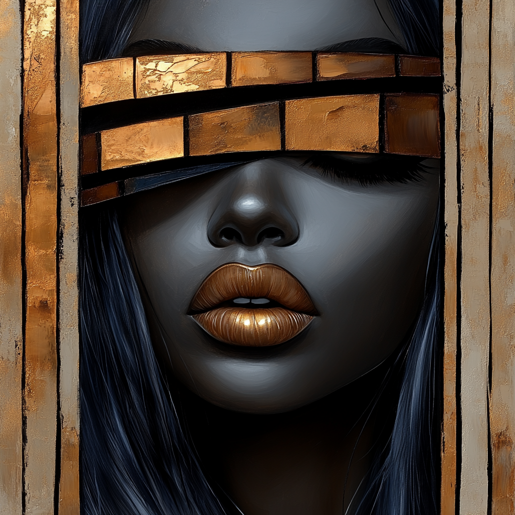 Abstraktes porträt einer frau mit goldenen lippen und metallischen balken über den augen – modernes kunstwerk mit luxuriösem kontrast aus schwarz und gold.
