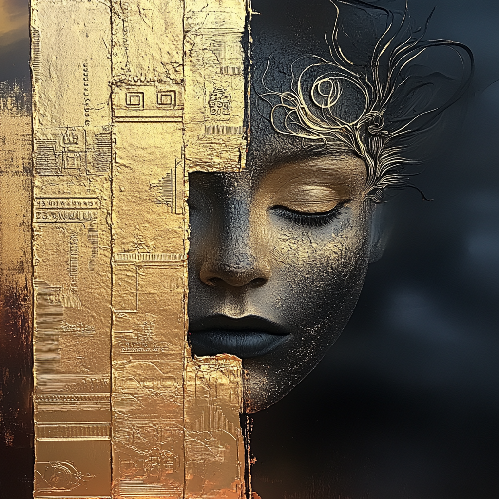 abstraktes porträt einer frau mit goldenen und schwarzen strukturen und geschlossenen augen
