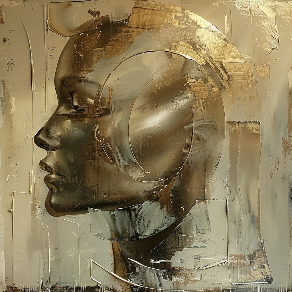 Ein abstraktes Porträt eines Gesichts in Profilansicht, gestaltet in metallischen Gold- und Bronzetönen, mit fließenden, strukturierten Pinselbewegungen und geometrischen Formen.
