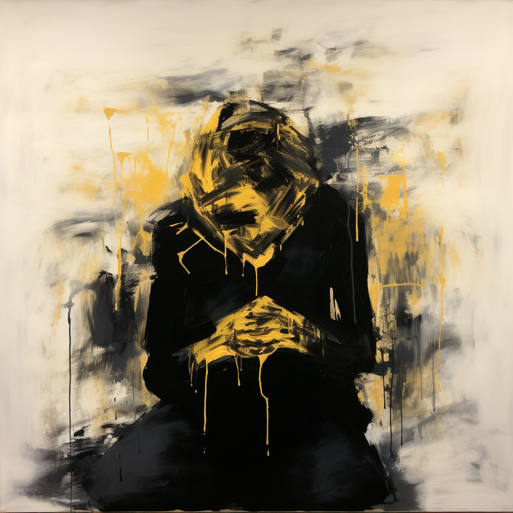 Abstraktes Gemälde einer sitzenden, in Schwarz gehüllten Figur mit goldenen Pinselstrichen und tropfender Farbe auf hellem Hintergrund.
