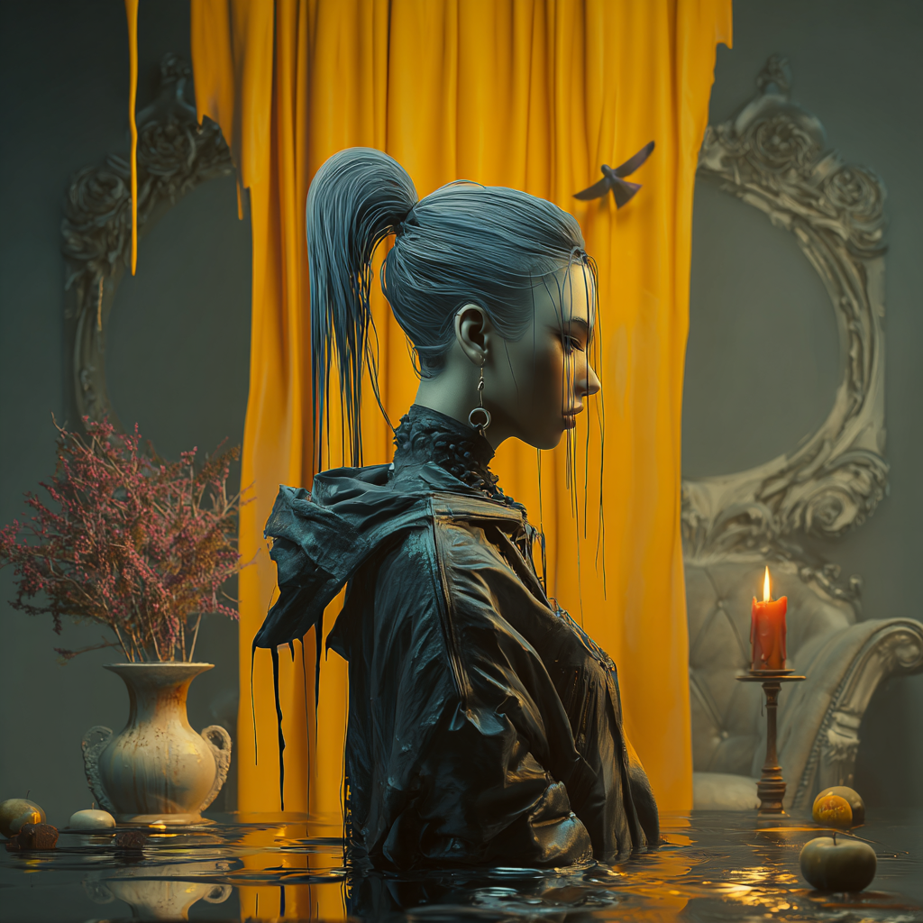 Porträt einer Frau in dunkler Kleidung mit nassen Haaren, teilweise im Wasser stehend, vor einem goldgelben Vorhang – Symbol für Stille, Kontrast und Melancholie.

