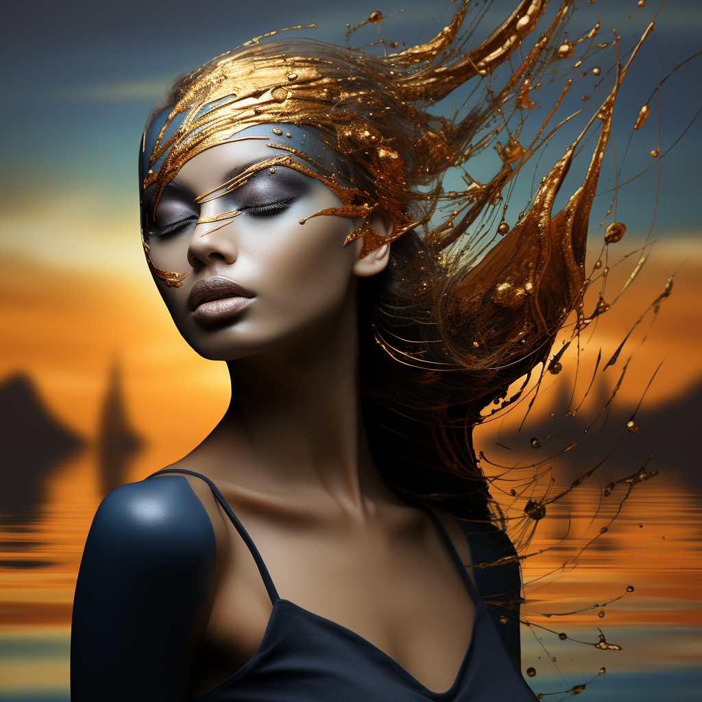 Porträt einer Frau mit geschlossenen Augen, deren Haar und Gesicht von goldenen Farbspuren überzogen sind, vor einem Sonnenuntergang über Wasser.
