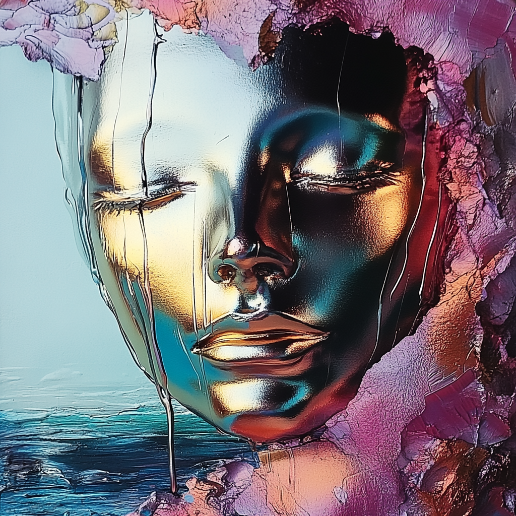 glänzendes gesicht mit geschlossenen augen in gold und violetttönen
