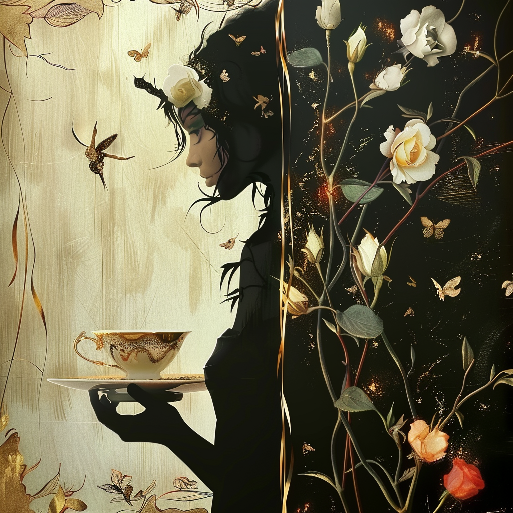 Poetische Szene einer Frau im Profil mit goldener Teetasse, umgeben von weißen Rosen, Schmetterlingen und warmem Licht – Symbol für Ruhe, Erinnerung und Naturpoesie.
