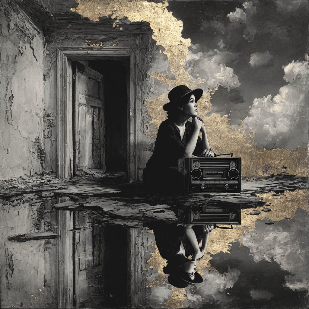 Frau sitzt in einem ruinösen Raum neben einem Retro-Radio, umgeben von goldenen Flächen und einer spiegelnden Wasseroberfläche.
