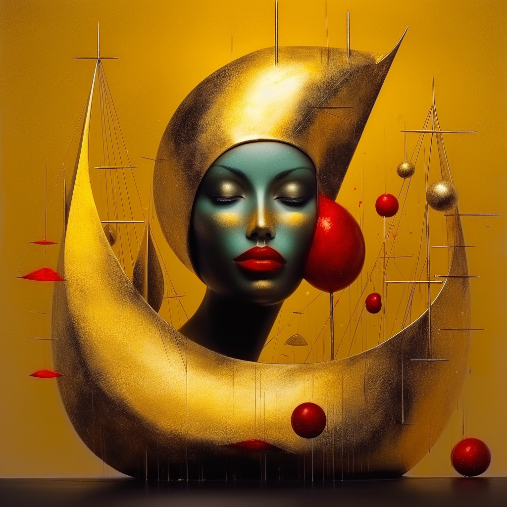 surrealistisches porträt mit goldenen formen, weibliches gesicht in ruhe und rotem akzent
