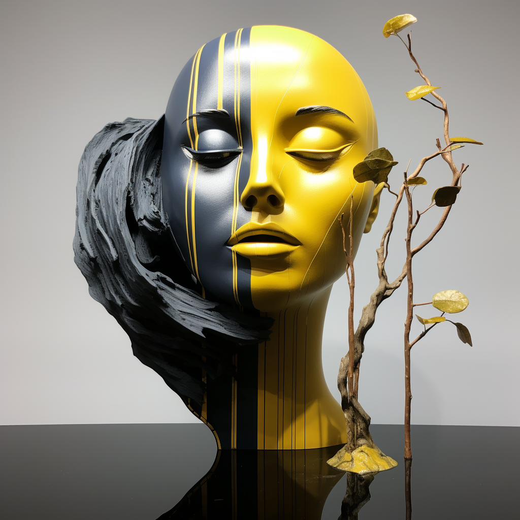 Moderne Skulptur eines Frauenkopfes mit schwarz-goldener Bemalung und geschlossenen Augen, kombiniert mit organischen Holzelementen – Symbol für Balance zwischen Natur und Struktur.
