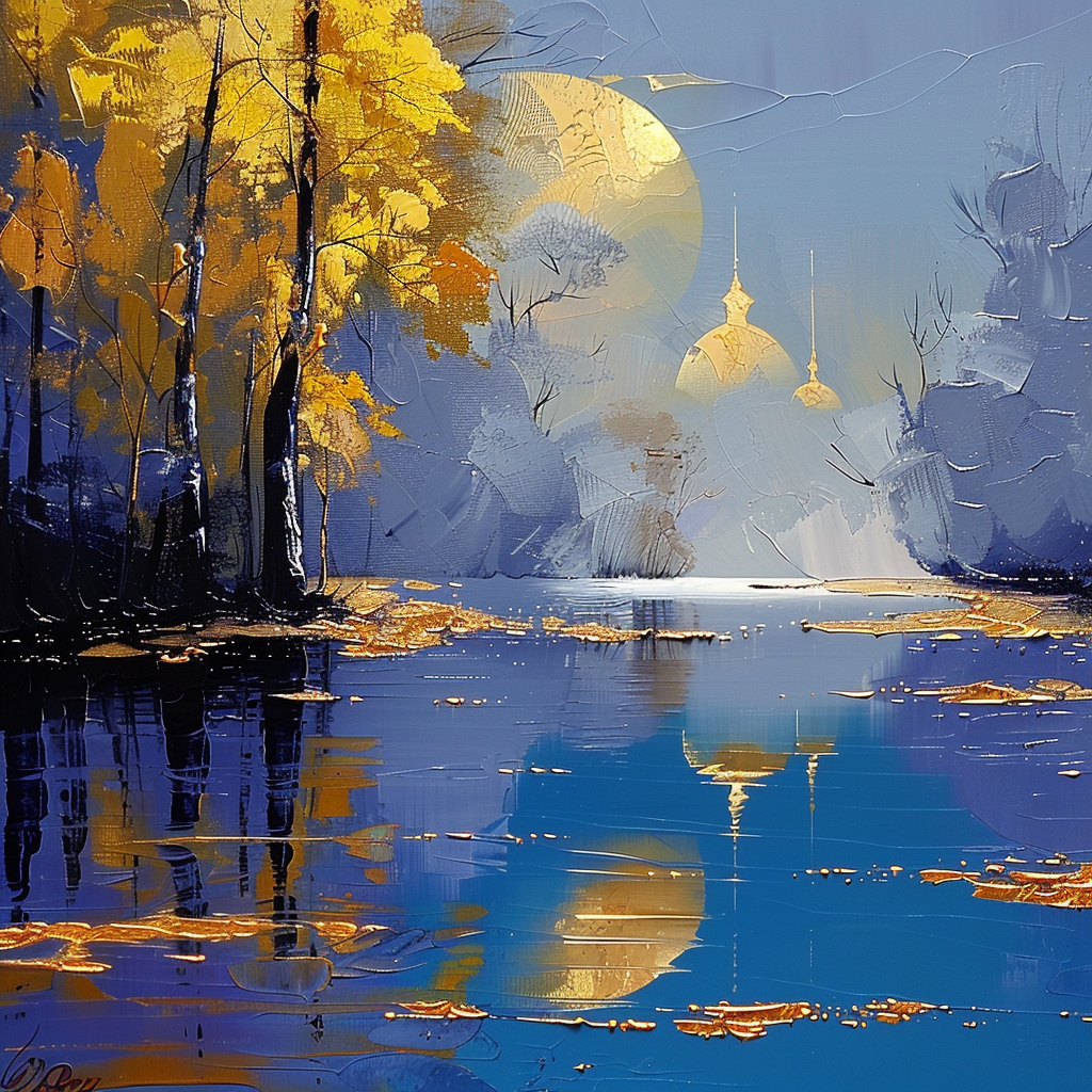 Leuchtend-goldene Herbstlandschaft an einem stillen See, mit Spiegelung von Bäumen und goldenen Kuppeln im Wasser – poetisches Spiel aus Licht, Farbe und Stille.
