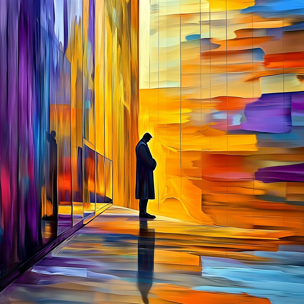 Abstraktes Gemälde einer stehenden Figur in einem Raum aus goldenen, violetten und blauen Farbtönen – Reflexion und Einsamkeit in Licht und Farbe.
