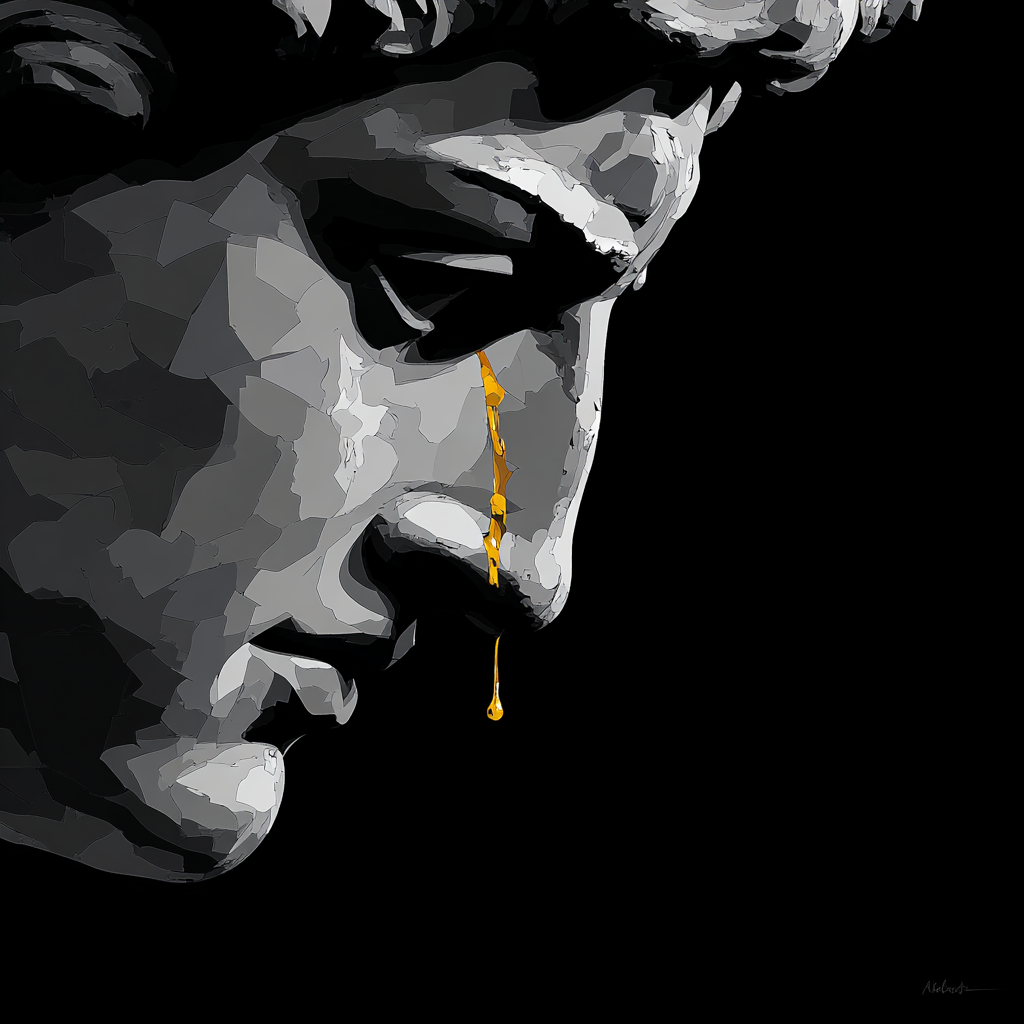 Graue Marmorbüste in Nahaufnahme auf schwarzem Hintergrund – eine goldene Träne fließt über die Wange der Skulptur und symbolisiert Schönheit und Schmerz.
