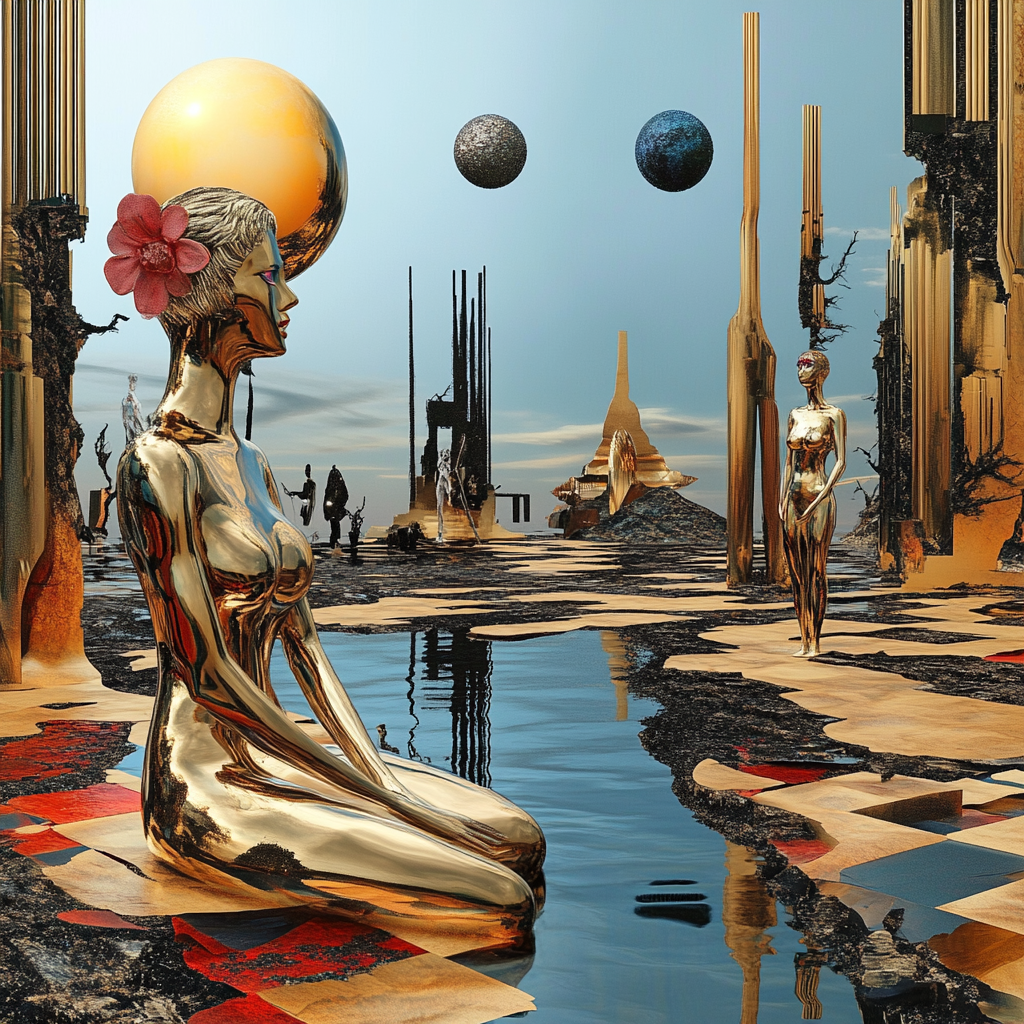 Surreales Kunstwerk mit goldenen humanoiden Figuren in futuristischer Landschaft, schwebenden Kugeln und reflektierendem Wasser – Symbol für Ewigkeit und Bewusstsein.
