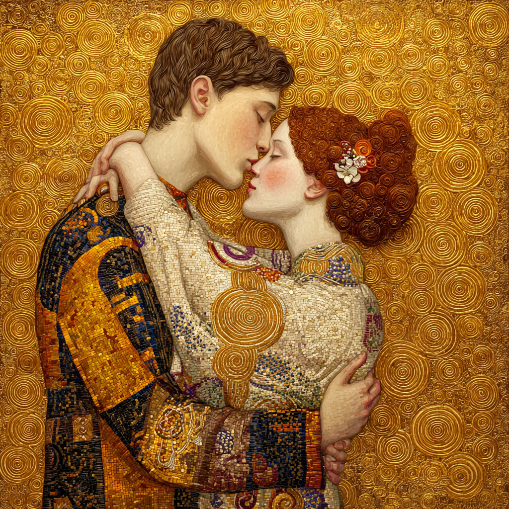 Zwei Figuren küssen sich vor einem goldenen, spiralförmig ornamentierten
Hintergrund in kunstvoll verzierten Gewändern.
